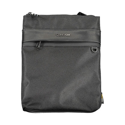 Calvin Klein Black Polyester Shoulder Bag with adjustable strap, contrast details, external pocket, and zip closure, made from recycled polyester.