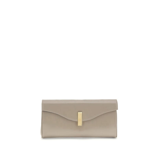 Giuseppe Zanotti Beige Leather Clutch Bag with logoed metal closure and gold-tone chain strap, featuring slip pocket and card slot.