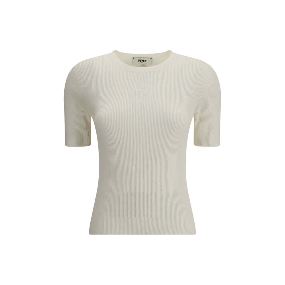Fendi White Silk T-Shirt with ribbed knit and Fendi 1925 Stamp, short sleeves, elegant casual wear garment, season AW25, slim fit.