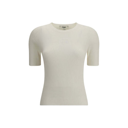 Fendi White Silk T-Shirt with ribbed knit and Fendi 1925 Stamp, short sleeves, elegant casual wear garment, season AW25, slim fit.