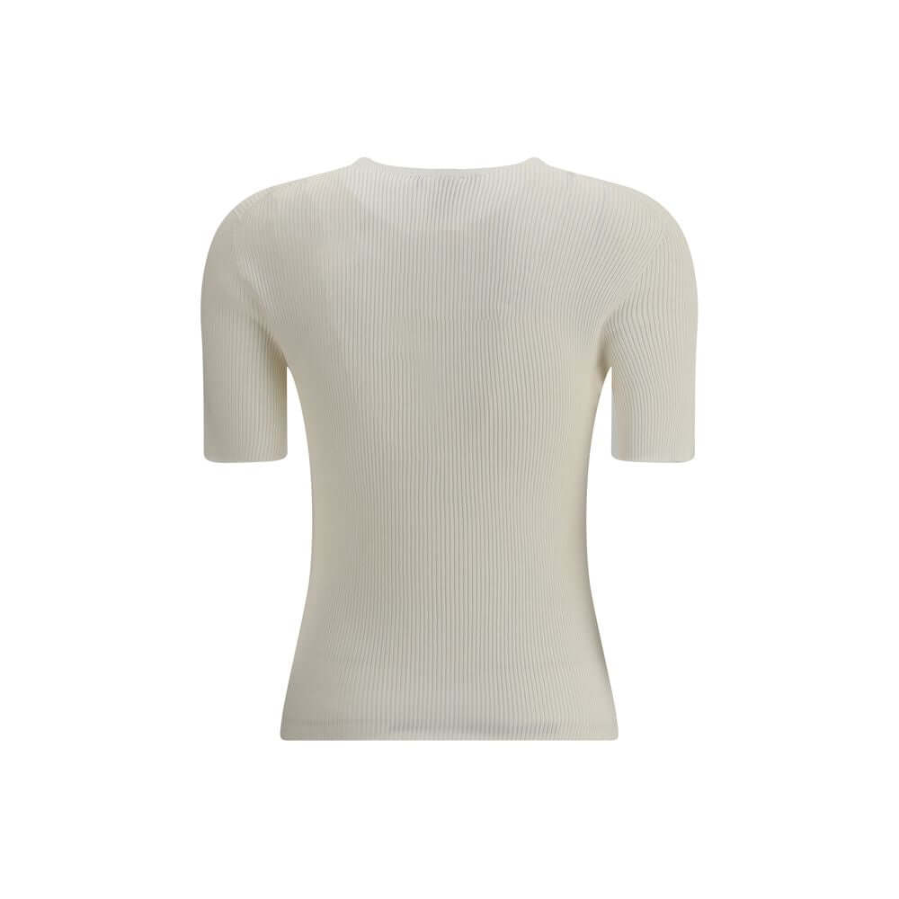 Back view of Fendi White Silk T-Shirt with ribbed knit texture, epitomizing elegance and sophistication for casual chic looks.