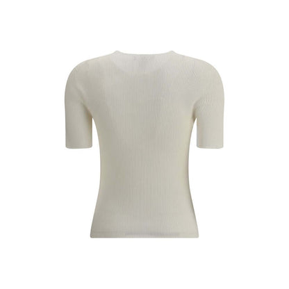 Back view of Fendi White Silk T-Shirt with ribbed knit texture, epitomizing elegance and sophistication for casual chic looks.