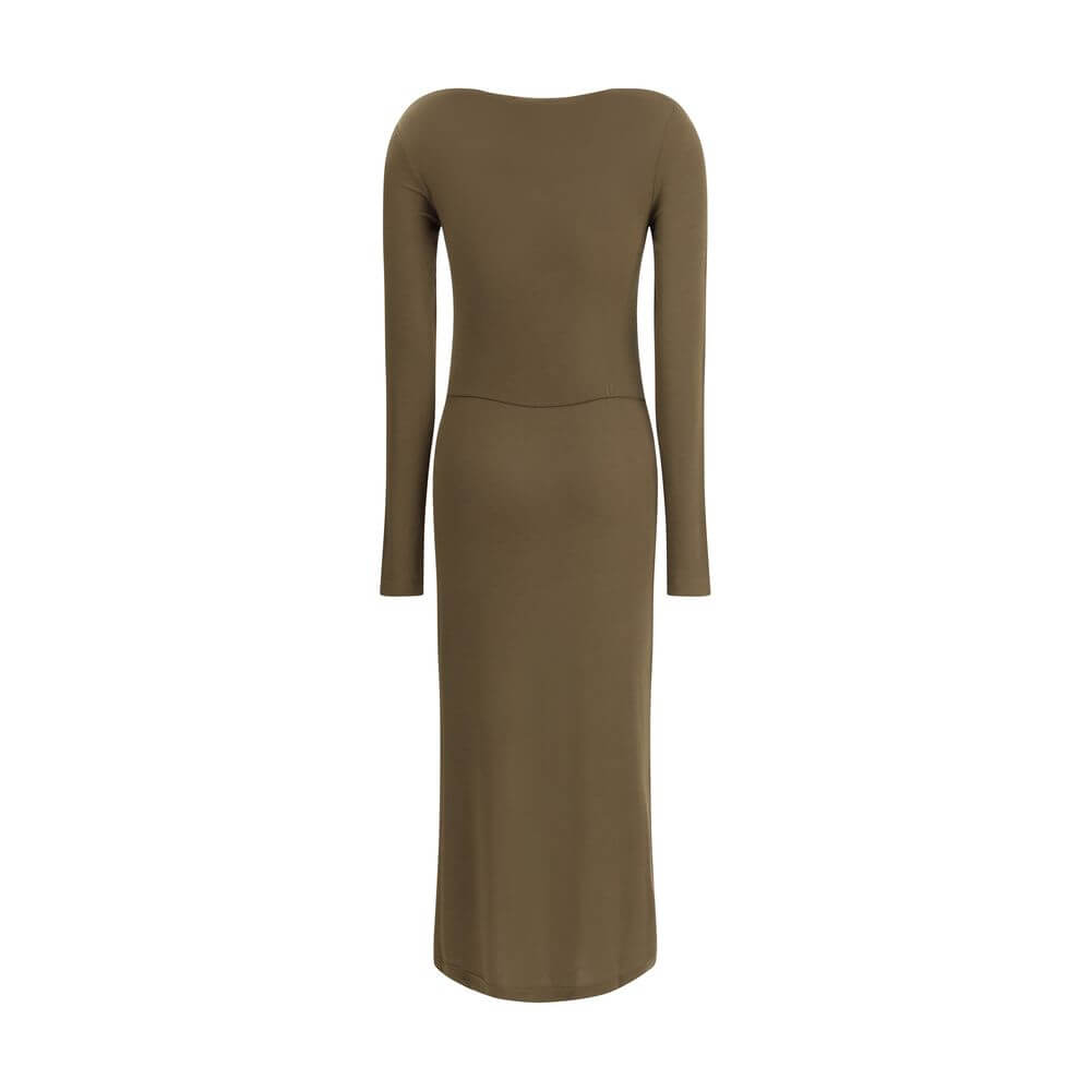 Marant Etoile Green Modal Casual Dress with long sleeves, round neckline, and elegant draping. Features a front slit for added movement.