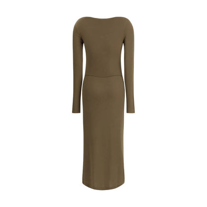 Marant Etoile Green Modal Casual Dress with long sleeves, round neckline, and elegant draping. Features a front slit for added movement.