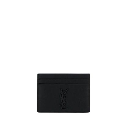 Saint Laurent Black Lamb Ovis Aries Aries Wallet, calfskin card holder with embossed logo, front and back card slots.