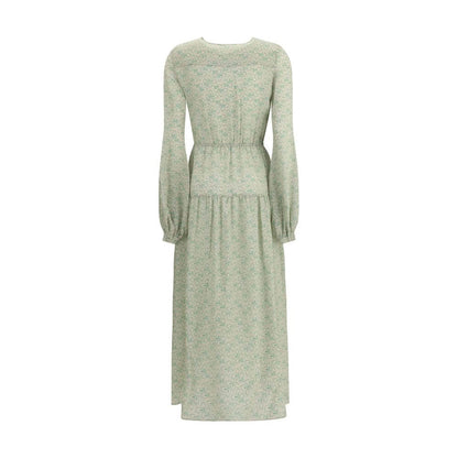 Kristina Ti Green Silk Long Dress with foliage print, elastic waist, mid-bust button closure, 100% silk, AW25 collection, made in Italy.