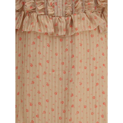 Kristina Ti Multicolor Silk Long Dress with vintage striped pattern and ruffles, showcasing a romantic and ethereal design.