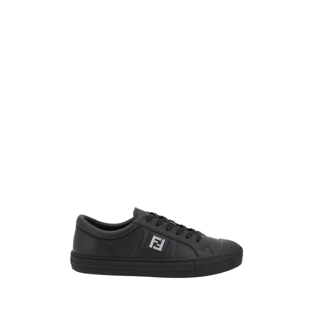 Fendi Black Calf Leather Bos Taurus Athletic Sneakers, luxury sports shoes with logo, laces, flat sole, and rounded toe for comfort.