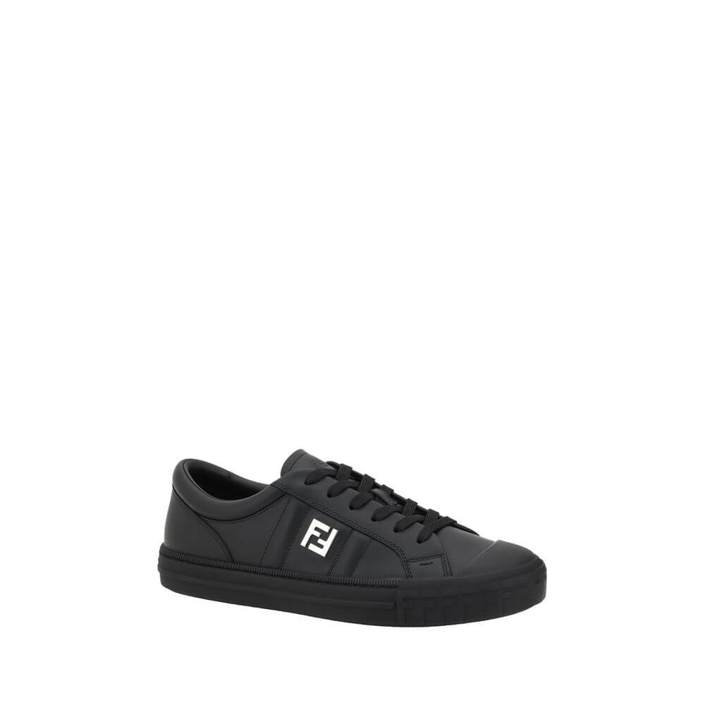 Fendi Black Calf Leather Bos Taurus Athletic Sneakers with logo on side and lace-up closure for comfort and luxury.