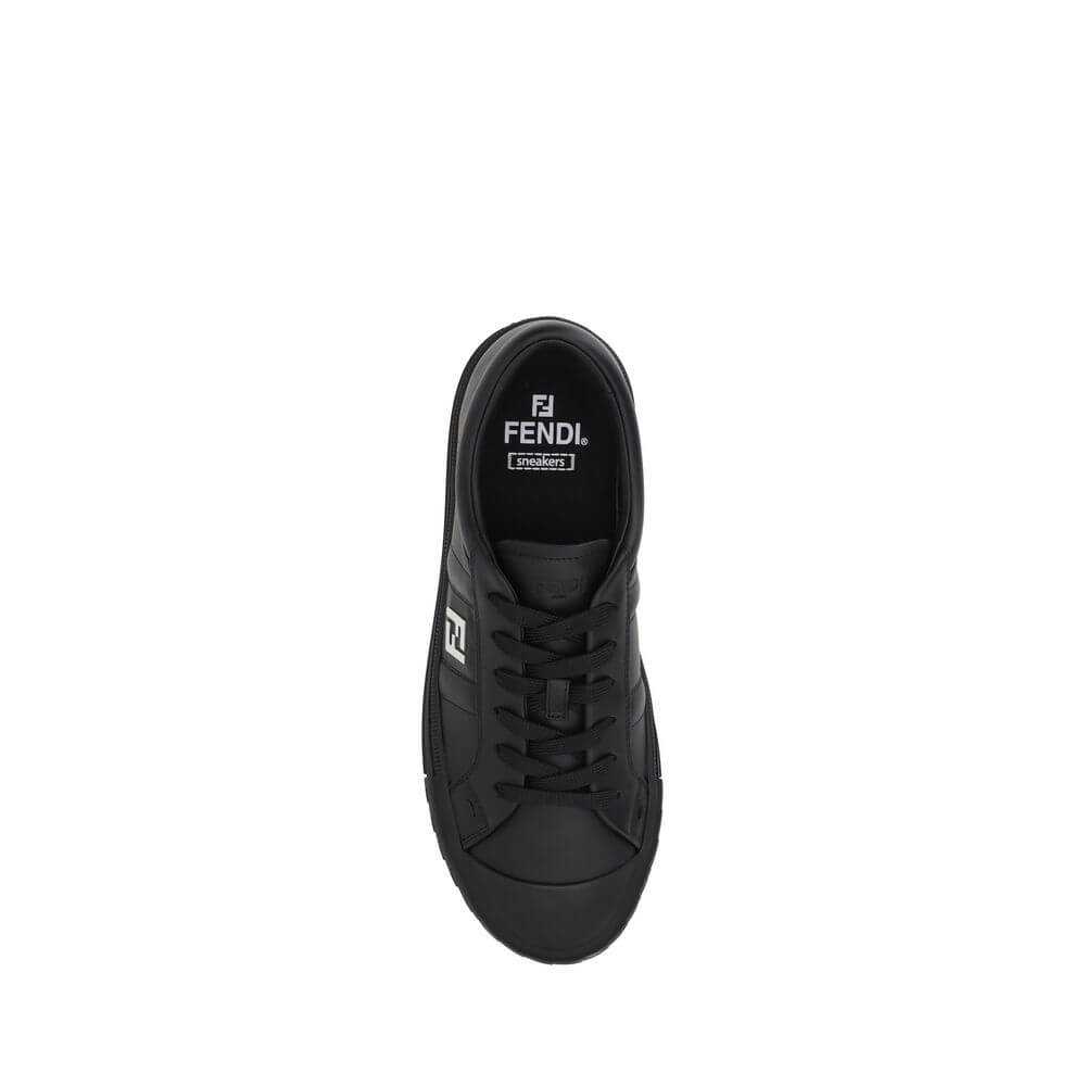 Fendi Black Calf Leather Bos Taurus Athletic Sneakers with logo and lace-up design, top view.