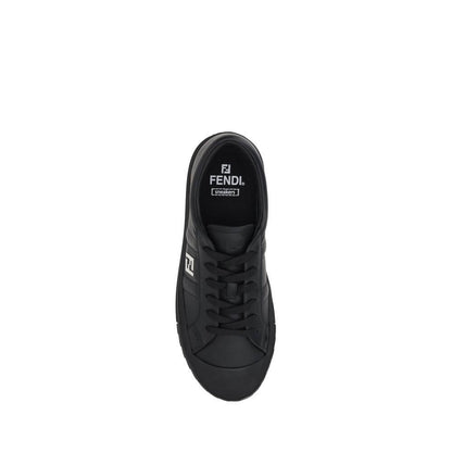 Fendi Black Calf Leather Bos Taurus Athletic Sneakers with logo and lace-up design, top view.