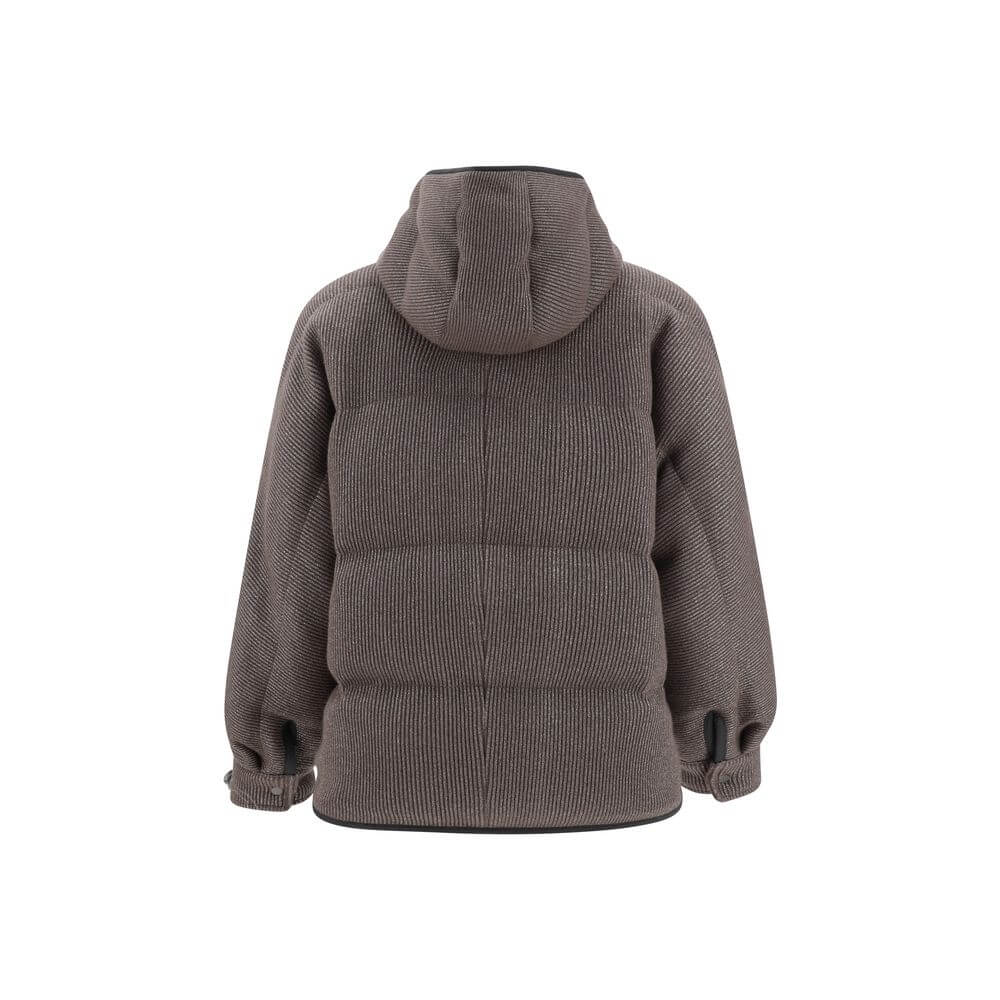 Back view of Brunello Cucinelli Brown Cashmere Coat with hood and double-slider zipper, showcasing luxury padded design.