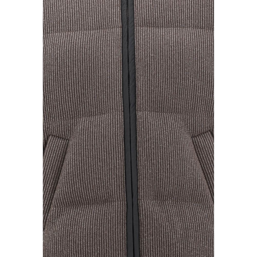 Close-up of Brunello Cucinelli Brown Cashmere Coat with lurex detailing and zipper closure.