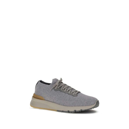 Brunello Cucinelli Gray Rubber Athletic Sneakers with wool blend, tapered silhouette, lace-up closure, and ankle sock design.