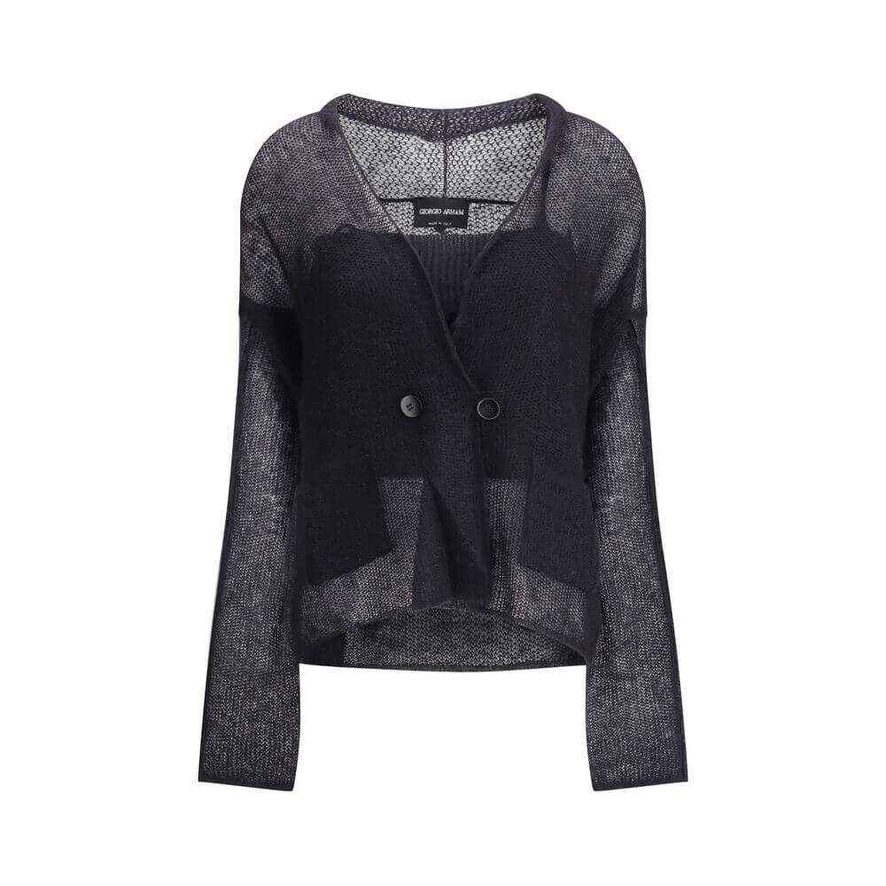 Giorgio Armani Black Mohair Cardigan with mesh stitching, featuring a relaxed, elegant design for the AW25 season.