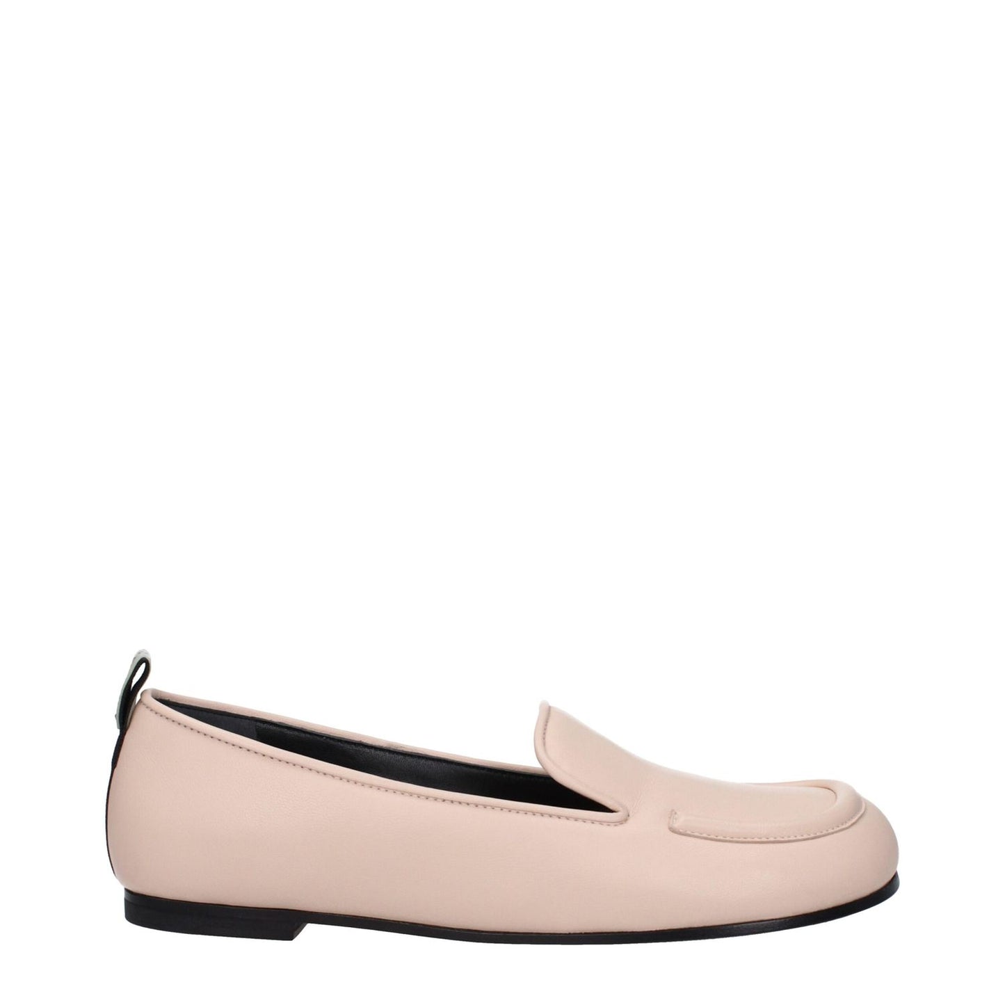 Premiata Pink Leather Slip-On Loafers with round toe and back logo, featuring a low flat heel and nude pink leather finish.