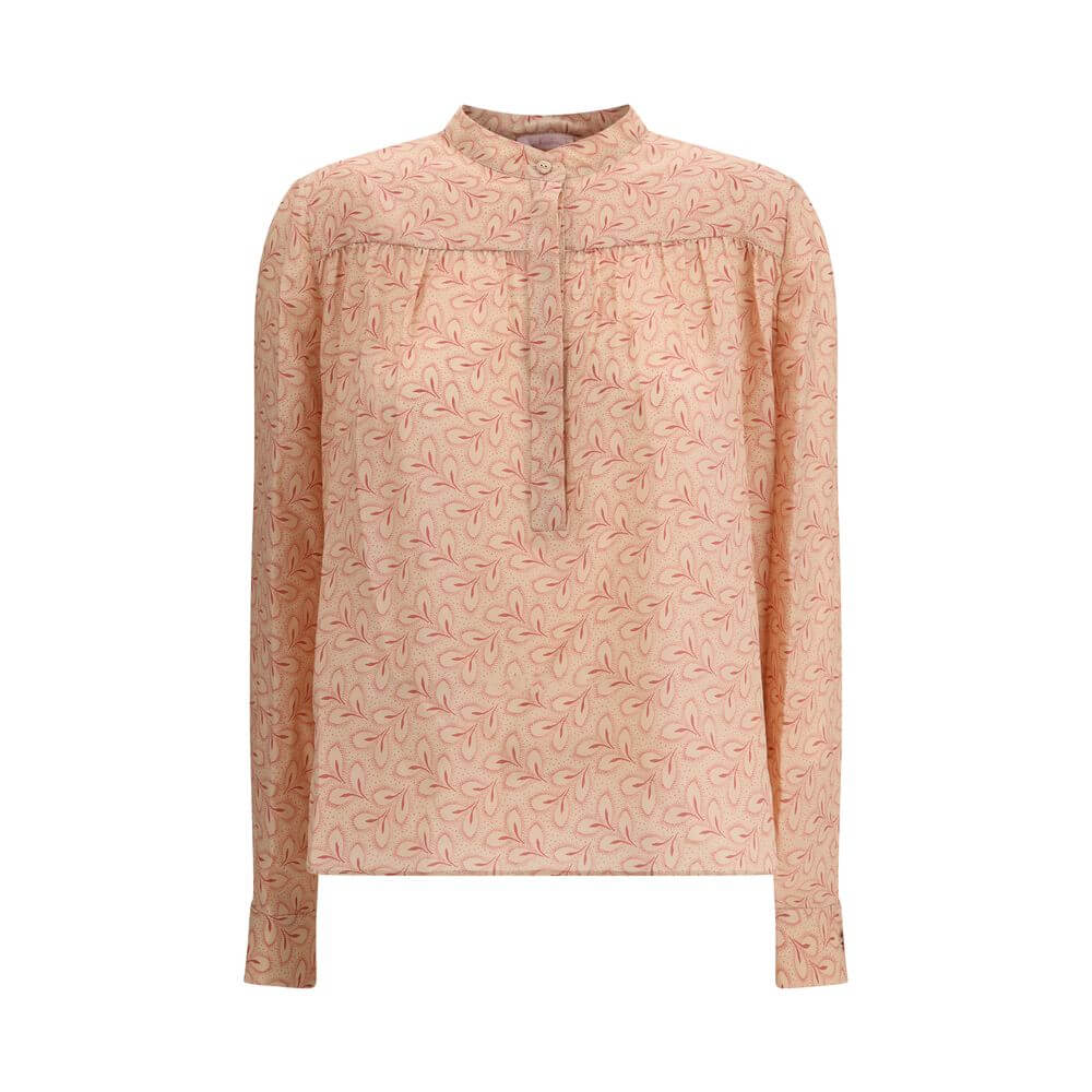 Kristina Ti Multicolor Silk Pattern Shirt with foliage print and stand-up collar, made in Italy, elegant for casual and sophisticated looks.