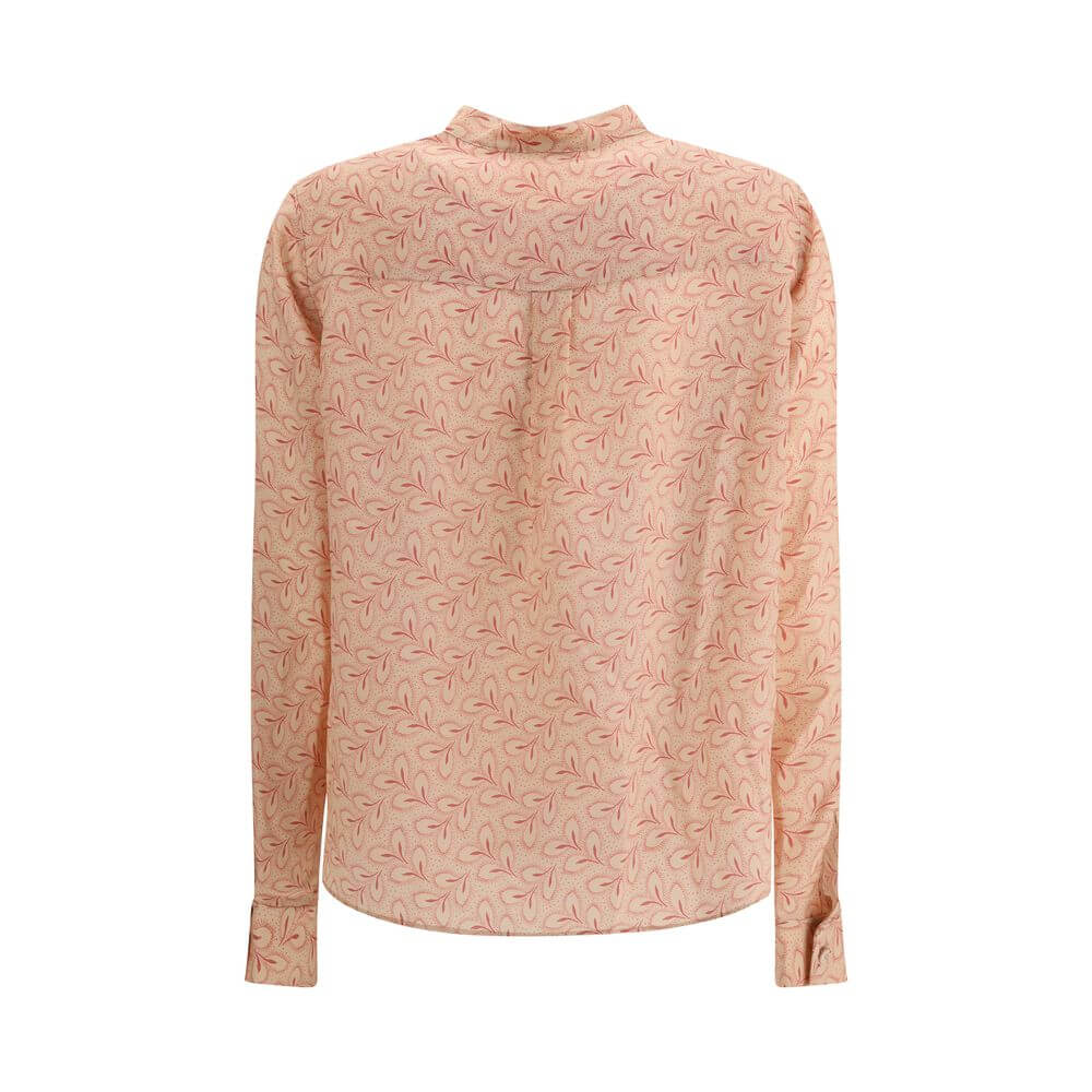 Kristina Ti Multicolor Silk Pattern Shirt with stand-up collar and foliage print, made in Italy, 100% silk, back view of garment.