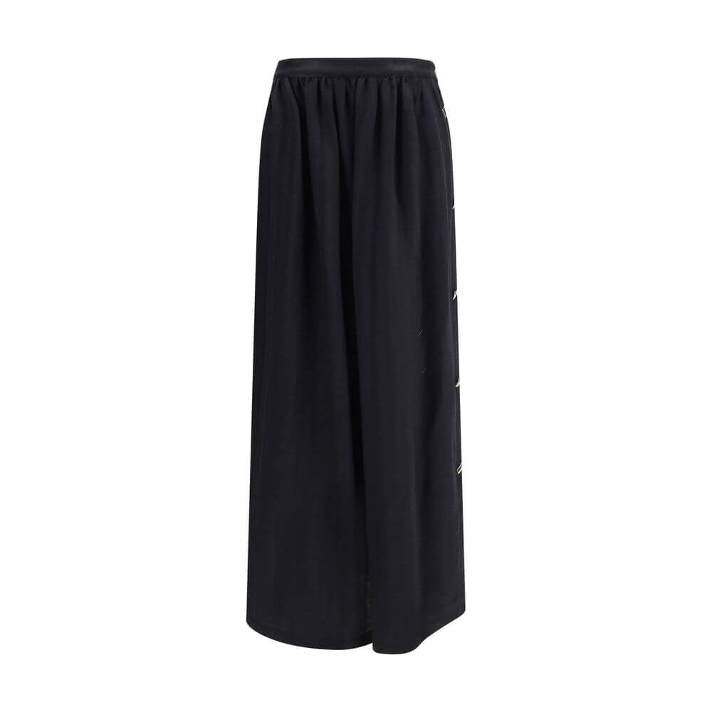 Kristina Ti Black Fleece Wool Long Skirt with golden buttons, elegant semi-wheeled design, 88% wool and 12% silk. Made in Italy.