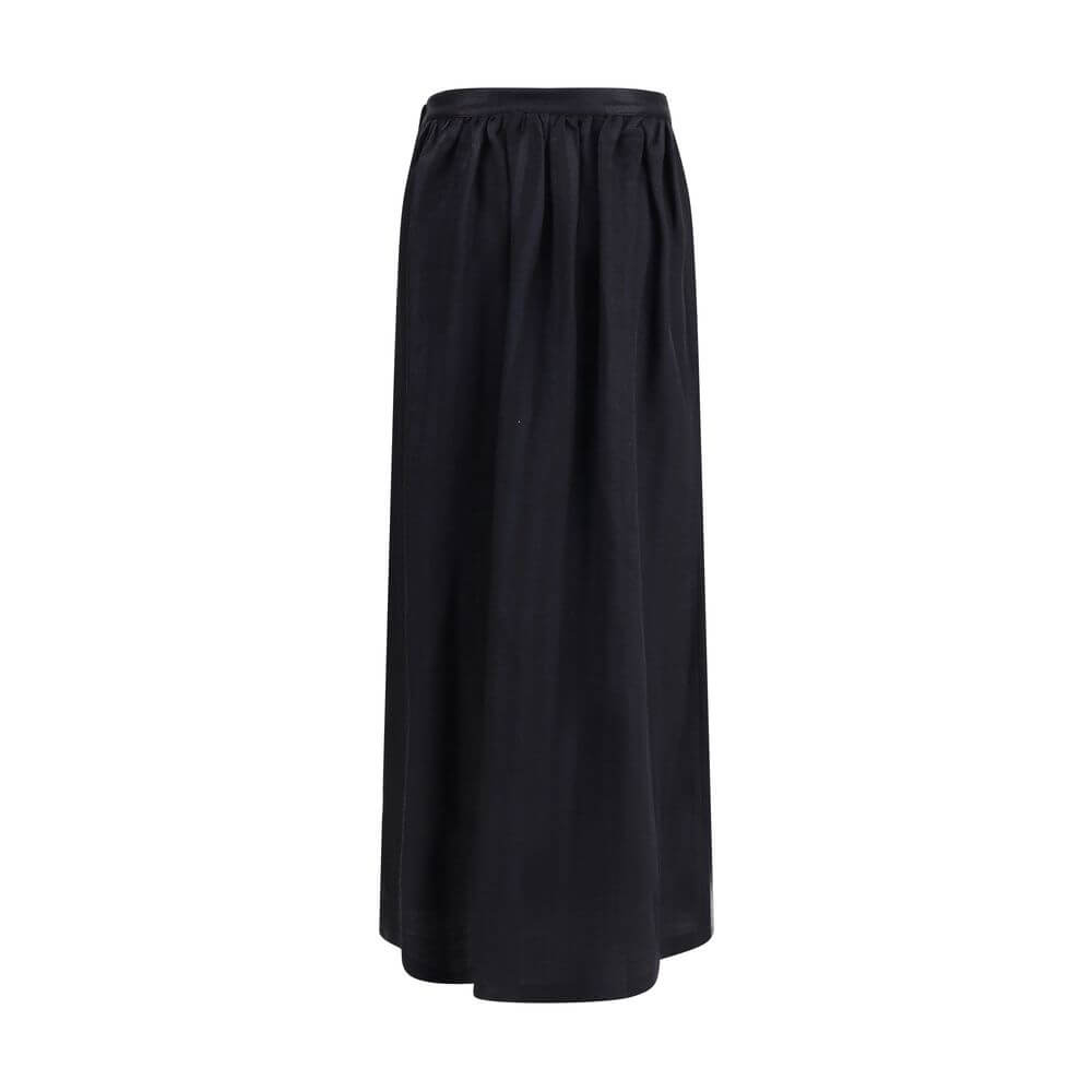 Kristina Ti Black Fleece Wool Long Skirt with semi-wheeled design and golden geometric buttons, elegant and timeless style.