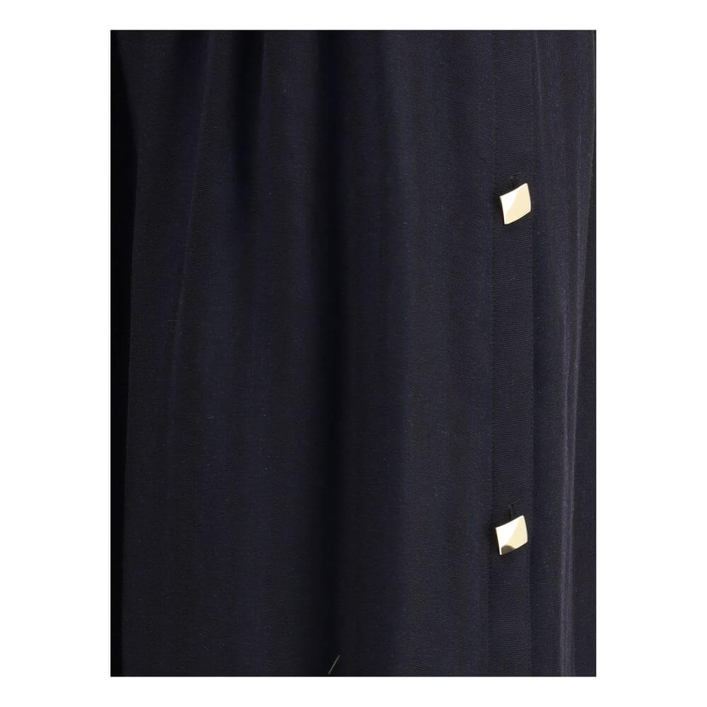 Close-up of Kristina Ti Black Fleece Wool Long Skirt with gold geometric buttons, showcasing elegant and sophisticated design.