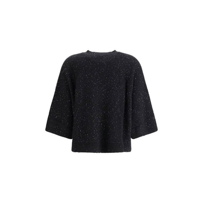 Fabiana Filippi Black Fleece Wool Sweatshirt with sequins, ribbed crew neck, and wide 3/4 sleeves in a sleek, modern design.