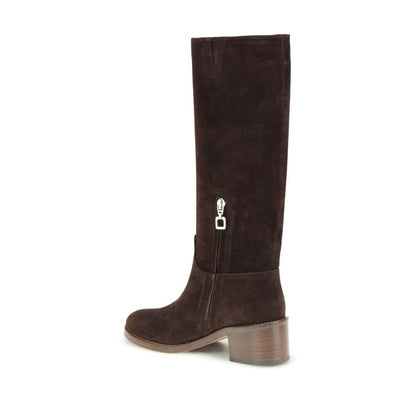 Carel Paris Brown Leather High Heel Boots with round toe, 5 cm heel, and knee-high suede design featuring a side zip and iconic C applique.