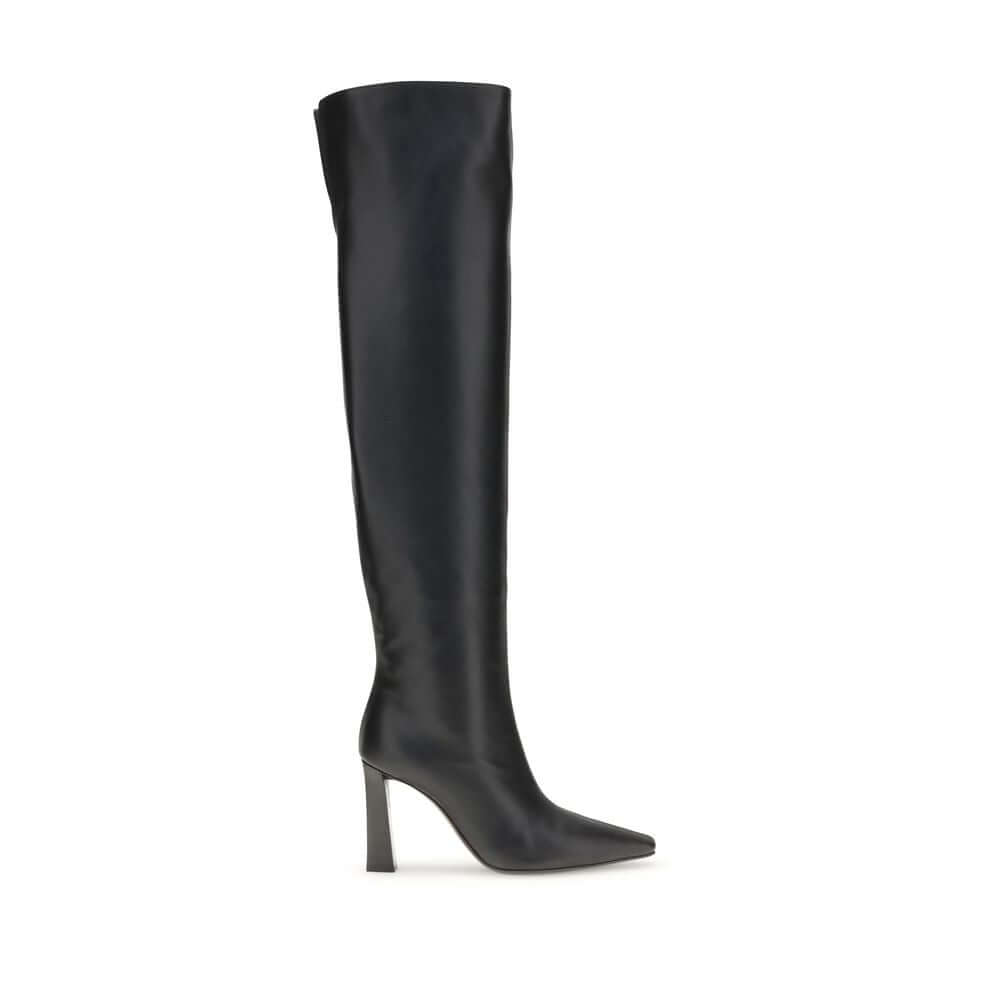 Giuseppe Zanotti Black Leather Over The Knee boots, high fashion footwear with almond toe and squared heel, crafted in Italy.