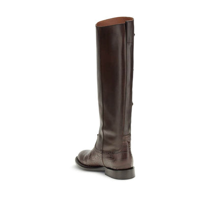 Paris Texas Brown Leather Lace-Up Boots with crocodile embossed details and decorative side buckles, back view.