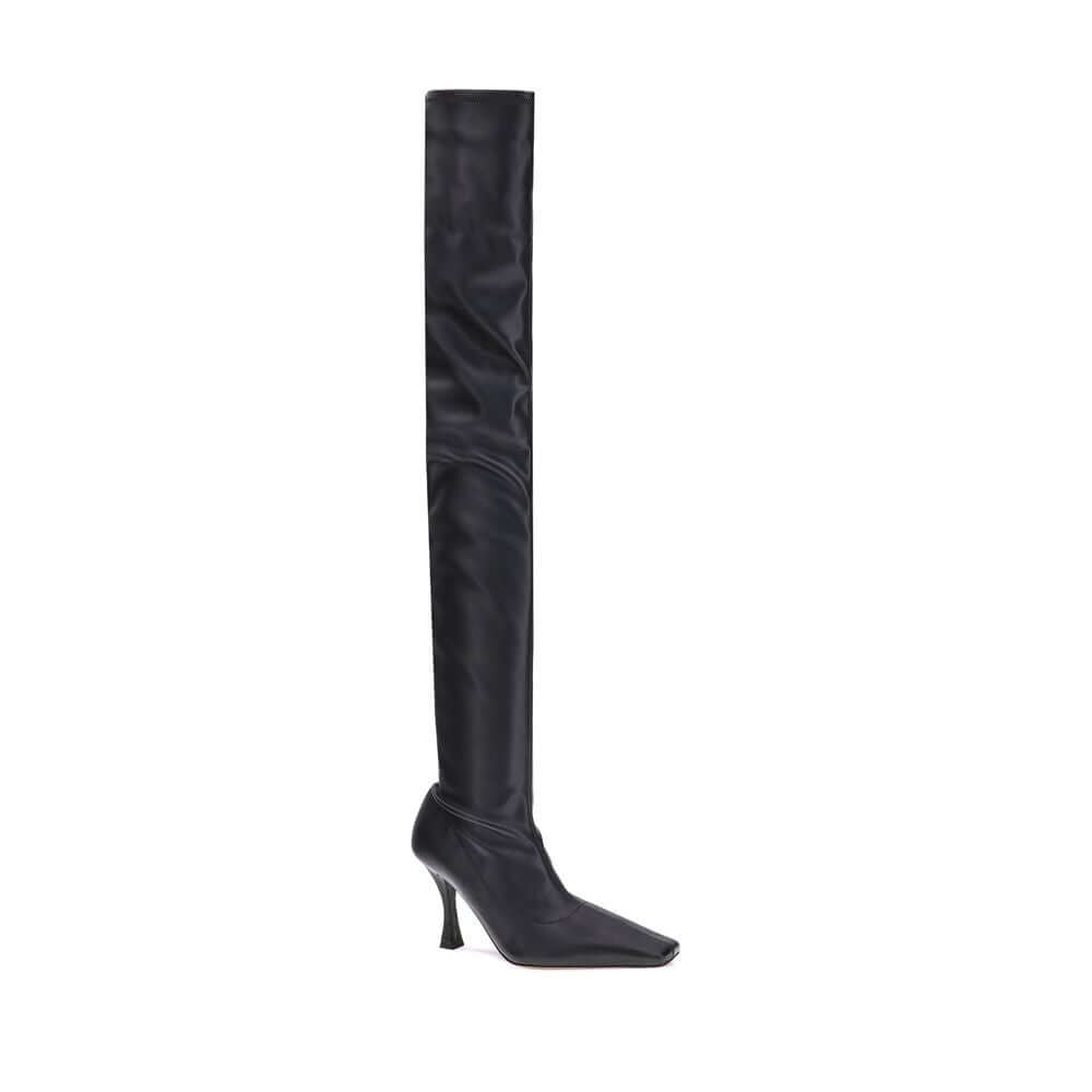 Proenza Schouler Black Polyethylene Over The Knee boots with stiletto heel and square toe design.