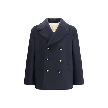 Valentino Blue Fleece Wool Coat with double-breasted design and wide lapels, AW25 collection.