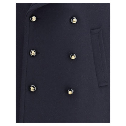 Close-up of Valentino Blue Fleece Wool Coat showing double-breasted button detail and pocket