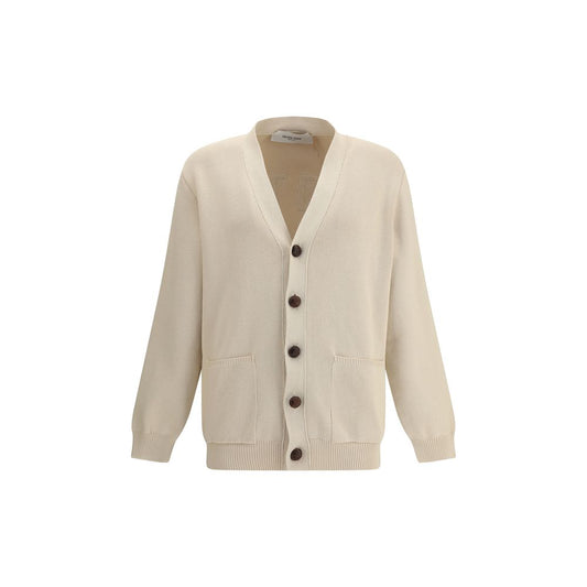 Golden Goose Cream Cotton Cardigan with front button closure and ribbed cuffs, featuring two patch pockets and logo on the back, AW25 season.