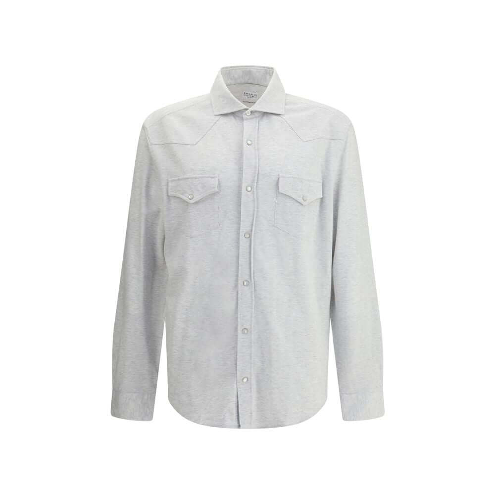 Brunello Cucinelli Gray Cotton Shirt with snap button closure and front patch pockets, ideal for casual elegance. Crafted in Italy.