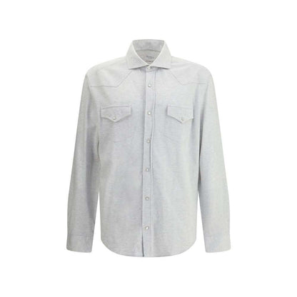 Brunello Cucinelli Gray Cotton Shirt with snap button closure and front patch pockets, ideal for casual elegance. Crafted in Italy.