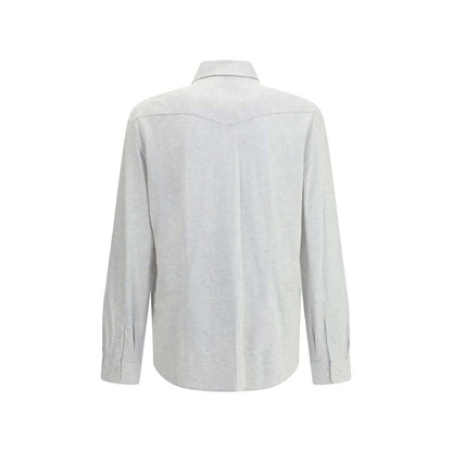 Back view of Brunello Cucinelli Gray Cotton Shirt with classic collar and snap button cuffs, showcasing elegant grey melange style.