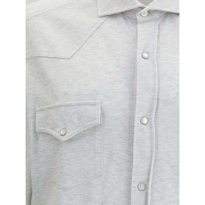 Brunello Cucinelli Gray Cotton Shirt with snap button closure, classic collar, and patch pockets. Elegant grey melange knit, 100% cotton.