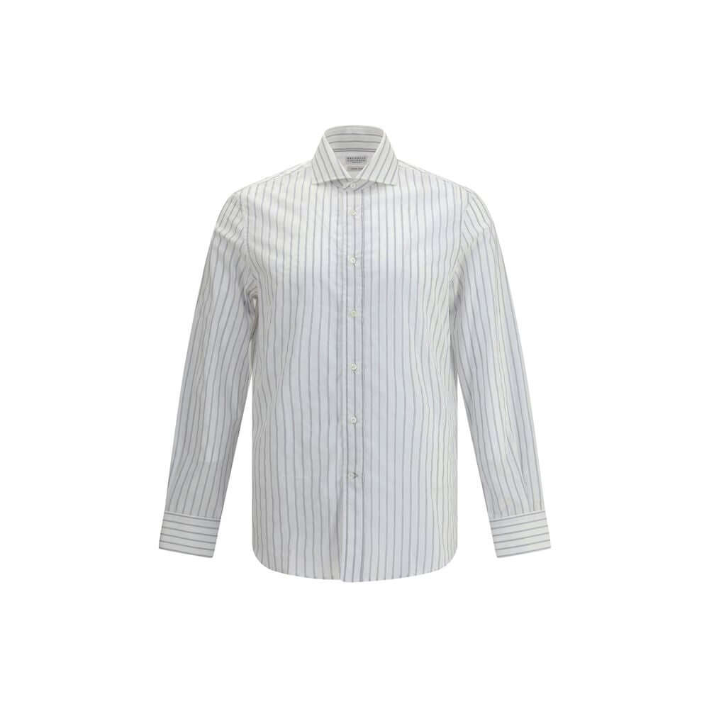 Brunello Cucinelli White Cotton Pattern Shirt with striped design, classic collar, and button closure, made in Italy.