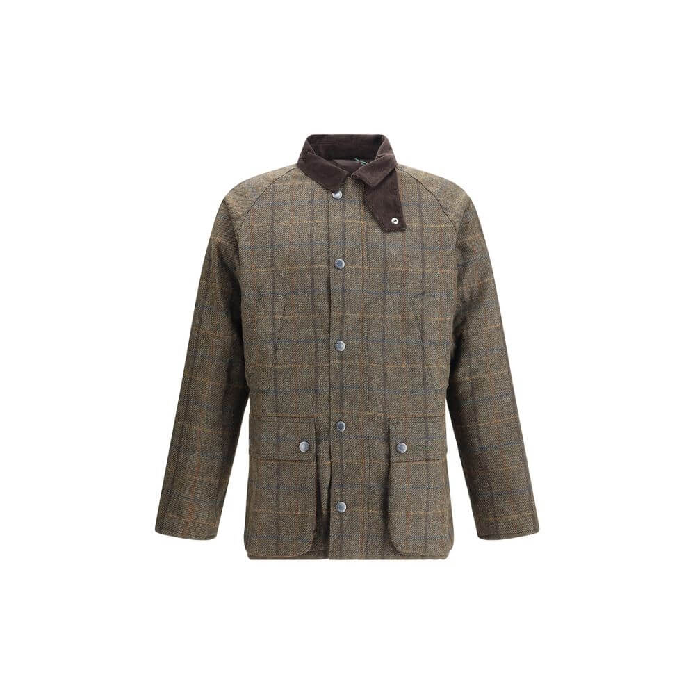 Barbour Green Wool Coat with corduroy collar, snap closure, welt and patch pockets, showcasing refined British style and casual elegance.