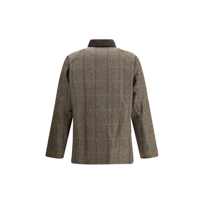 Back view of Barbour Green Wool Coat with refined check pattern and corduroy collar, showcasing British casual elegance.