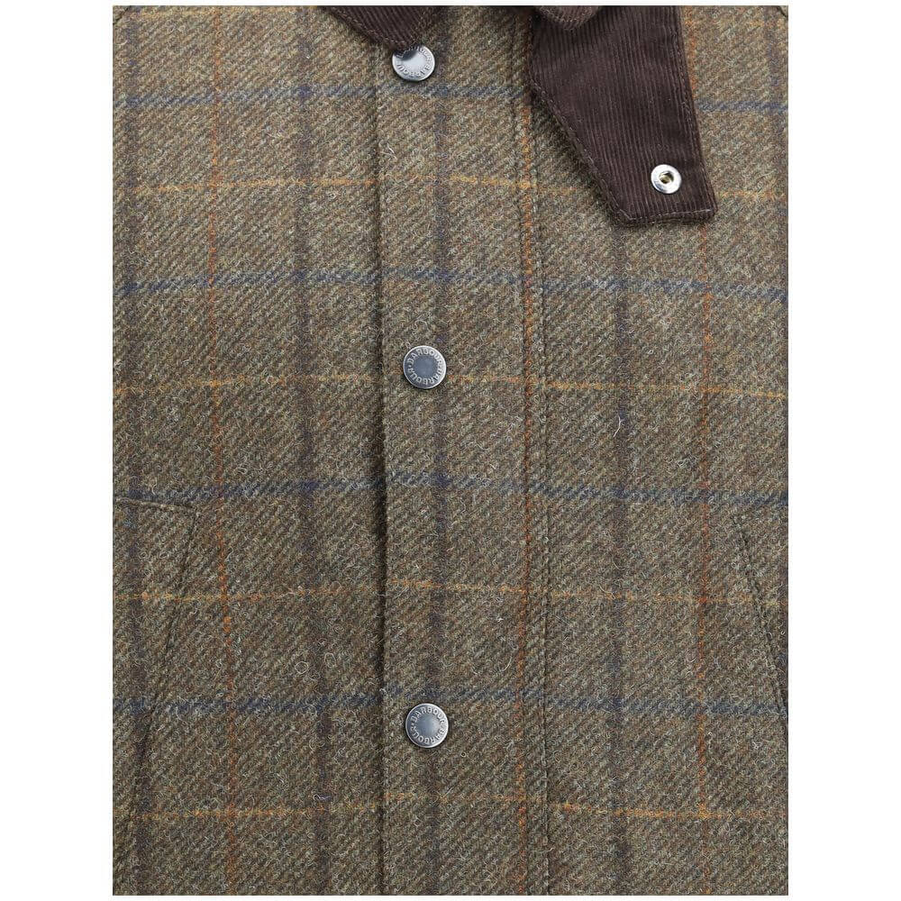Barbour Green Wool Coat with check pattern, corduroy collar, and front snap closure, showcasing British style and casual elegance.