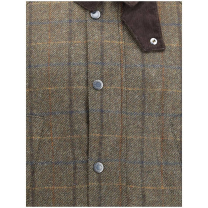 Barbour Green Wool Coat with check pattern, corduroy collar, and front snap closure, showcasing British style and casual elegance.