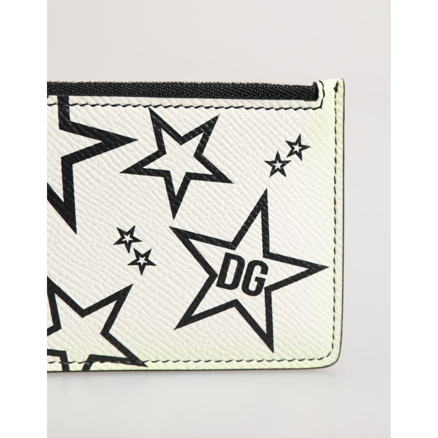 Dolce & Gabbana White Leather Douphin DG Logo Star Print Card Holder Wallet