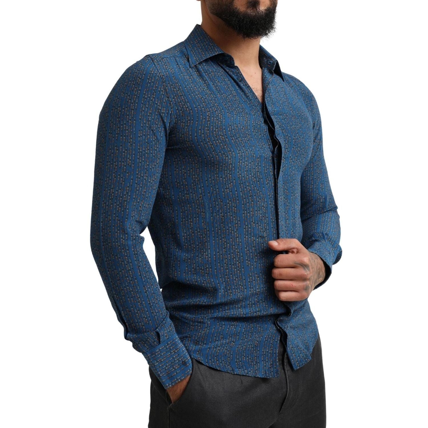 Dolce & Gabbana Blue MARTINI Silk Slim Fit Long Sleeves Shirt