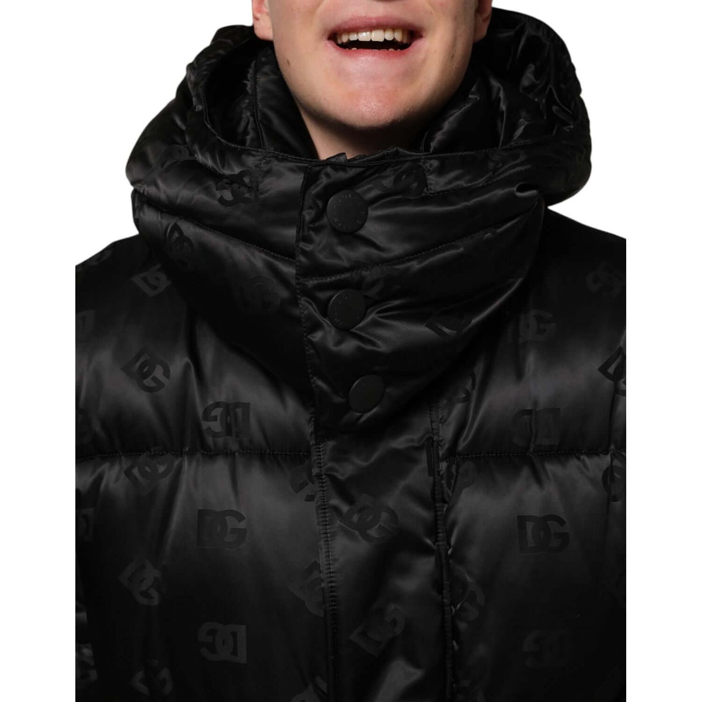Dolce & Gabbana Black Monogram Logo Puffer Nylon Hooded Jacket