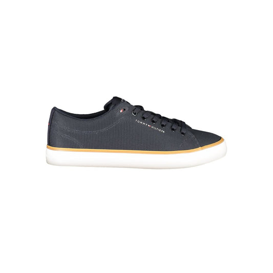 Tommy Hilfiger Blue Polyester Men Sneaker with contrasting details and brand logo, showcasing a side view on a white background.
