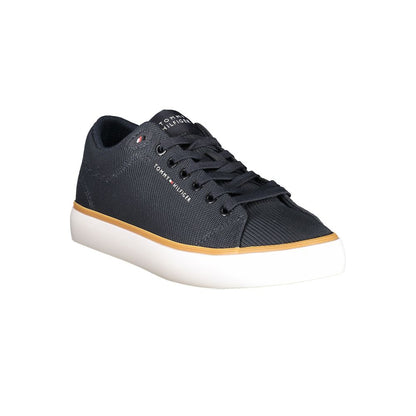 Tommy Hilfiger Blue Polyester Men Sneaker with lace-up design and contrasting details, featuring iconic logo and removable footbed for comfort.
