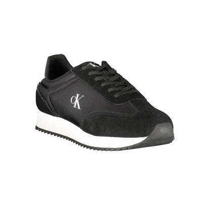 Calvin Klein Black Leather Men Sneaker with white accents, featuring the iconic CK logo, ideal for fashion-forward athletic style.