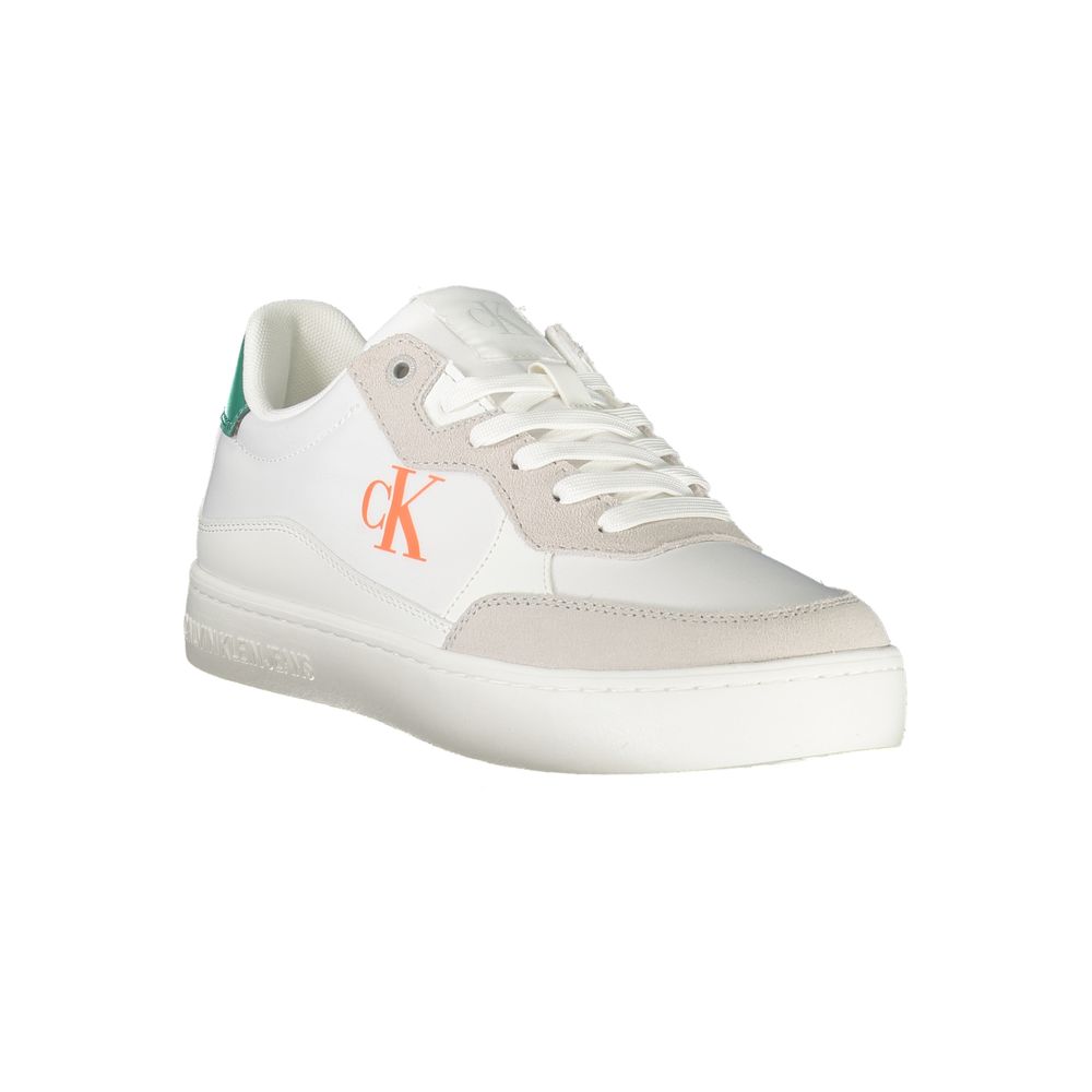 Calvin Klein White Leather Men Sneaker with contrasting details, bold lace-up design, and iconic logo print for modern style