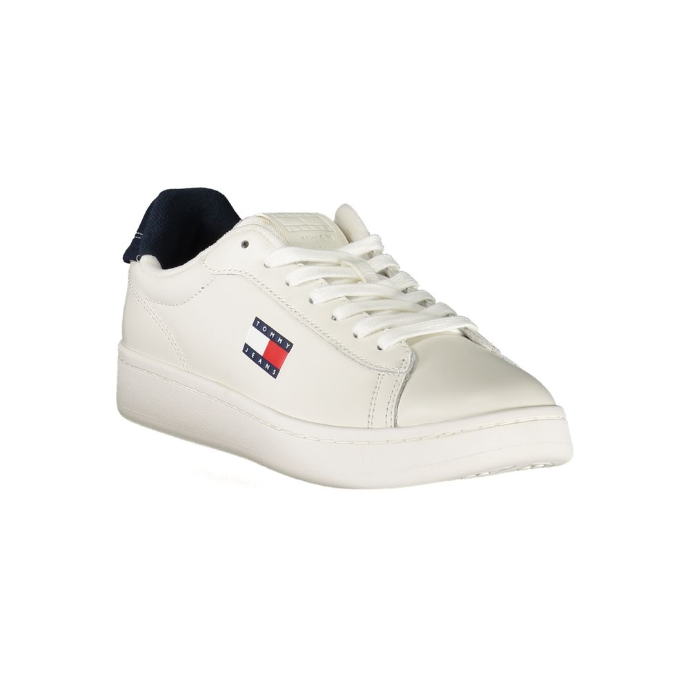 Tommy Hilfiger White Leather Women Sneaker with blue accents and iconic logo.
